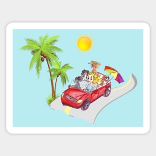 4 Cavalier King Charles Spaniels Driving to the Beach Sticker